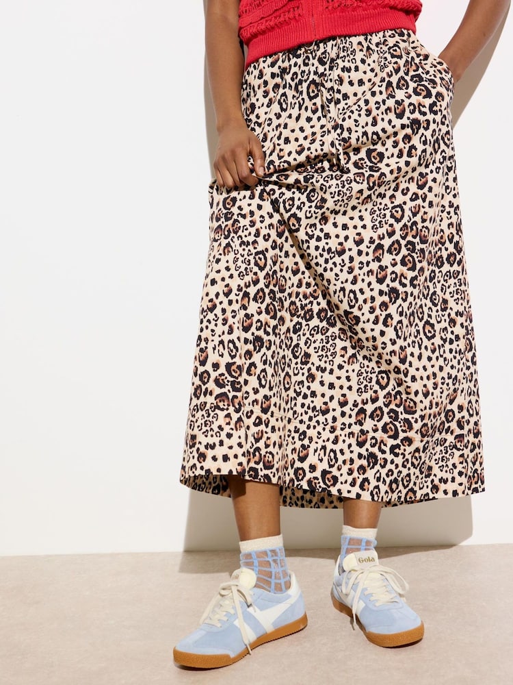 Oliver Bonas Brown Animal Print Tie Waist 100% Cotton Midi Skirt - Image 2 of 5