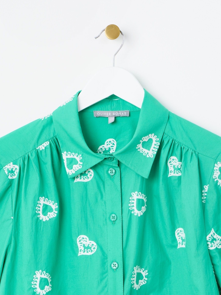 Oliver Bonas Green Heart Embroidered 100% Cotton Shirt - Image 6 of 9