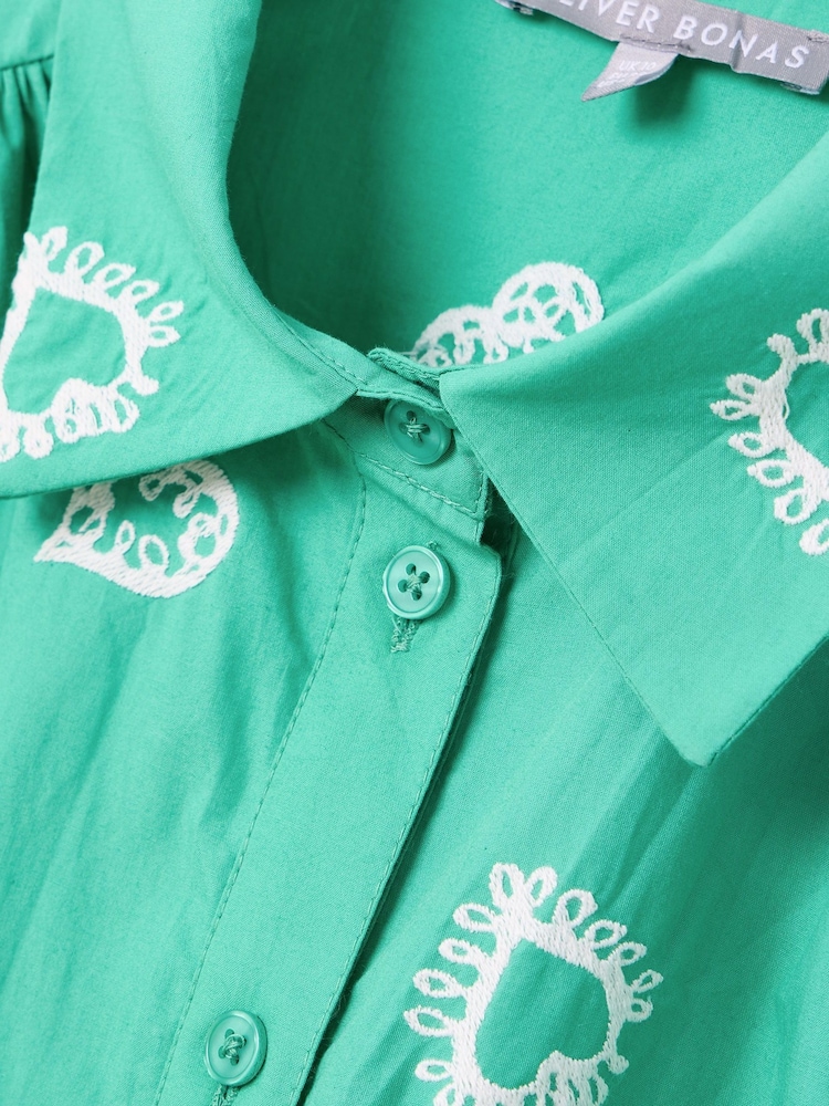 Oliver Bonas Green Heart Embroidered 100% Cotton Shirt - Image 7 of 9