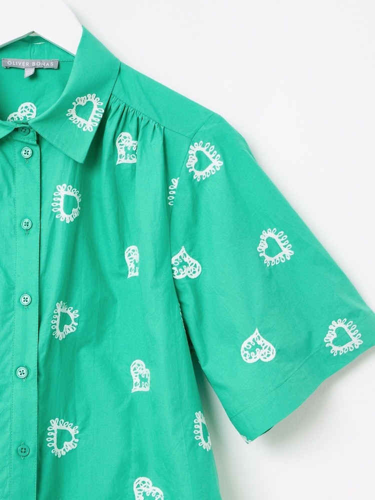 Oliver Bonas Green Heart Embroidered 100% Cotton Shirt - Image 8 of 9