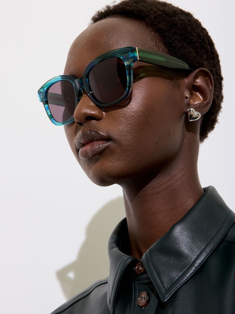 Oliver Bonas Green Marbled Square Acetate Sunglasses - Image 6 of 6