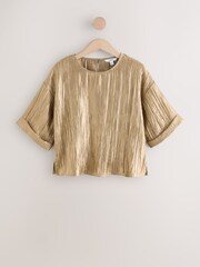Gold Metallic Crinkled Short Sleeve Top - Image 1 of 3