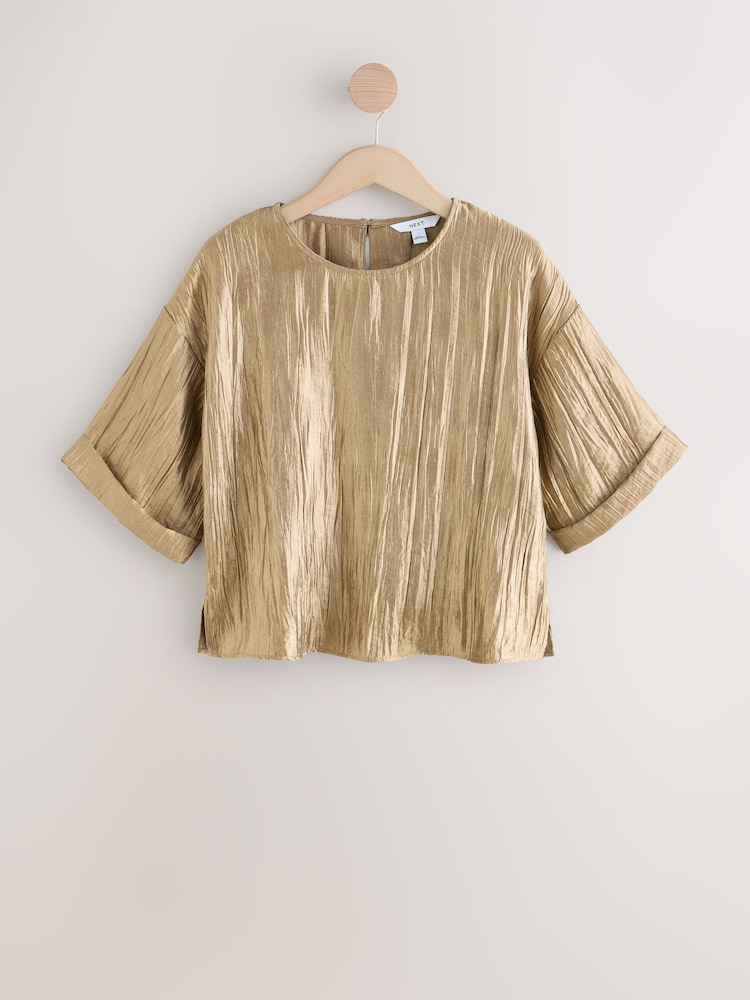 Gold Metallic Crinkled Short Sleeve Top - Image 1 of 3