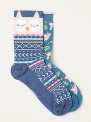 Multi 2 Pack Woodland Owl Socks in a Gift Box - Image 2 of 3