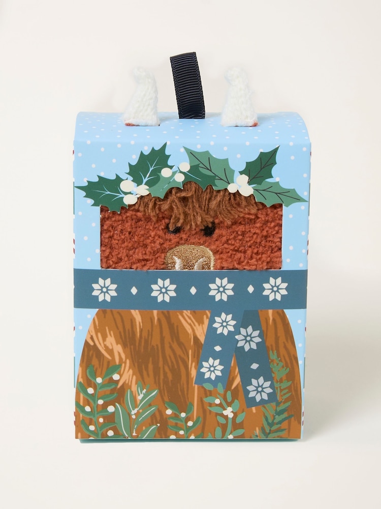 FatFace Blue Fluffy Highland Cow Socks In A Box - Image 1 of 3
