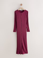Burgundy Red Ribbed Long Sleeve Button Down Midi Dress - Image 1 of 3