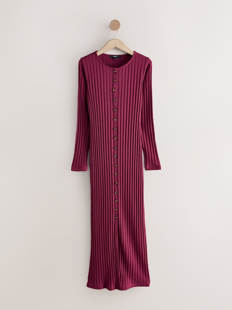 Burgundy Red Ribbed Long Sleeve Button Down Midi Dress - Image 1 of 3 Burgundy Red Ribbed Long Sleeve Button Down Midi Dress - Image 1 of 3