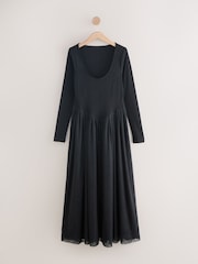 Black Tulle Jersey Mix Midi Dress - Image 1 of 5
