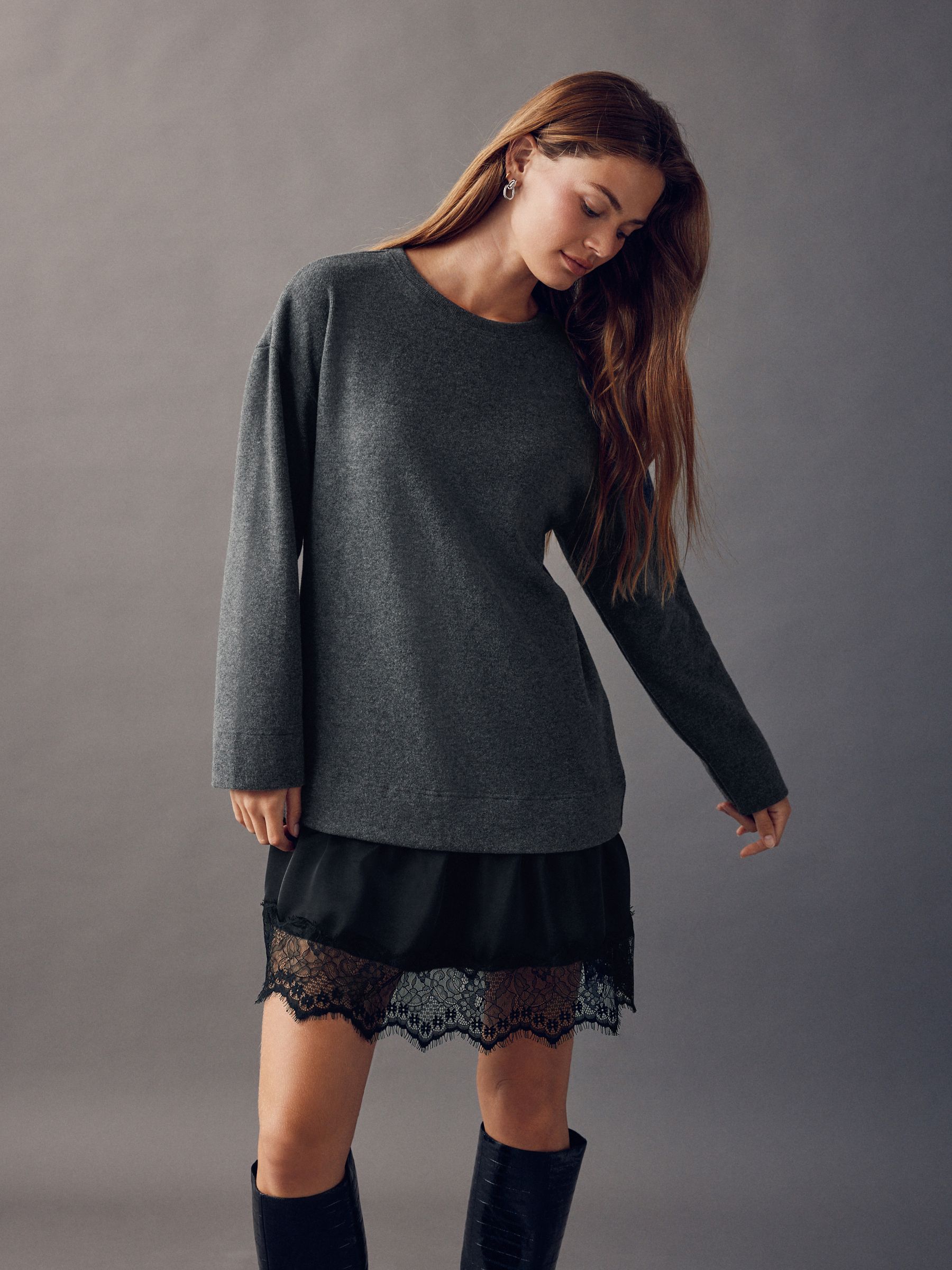 UND PIN TUCK LACE LIKE KNIT TOPチャコールグレー UND PIN TUCK LACE LIKE KNIT TOP