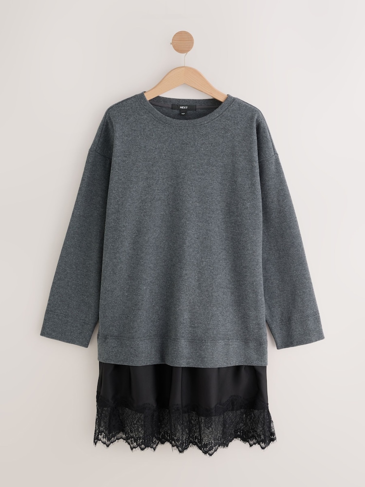 Cinza carvão - 2-In-1 Soft Touch Jumper Lace Skirt - Imagem 1 de 4