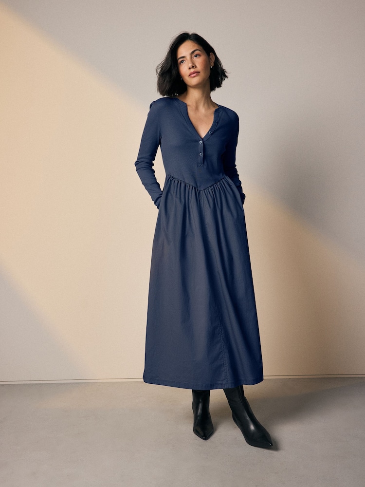 Navy Blue Jersey Woven Mix Waisted Midi Dress - Image 1 of 4 Navy Blue Jersey Woven Mix Waisted Midi Dress - Image 1 of 4