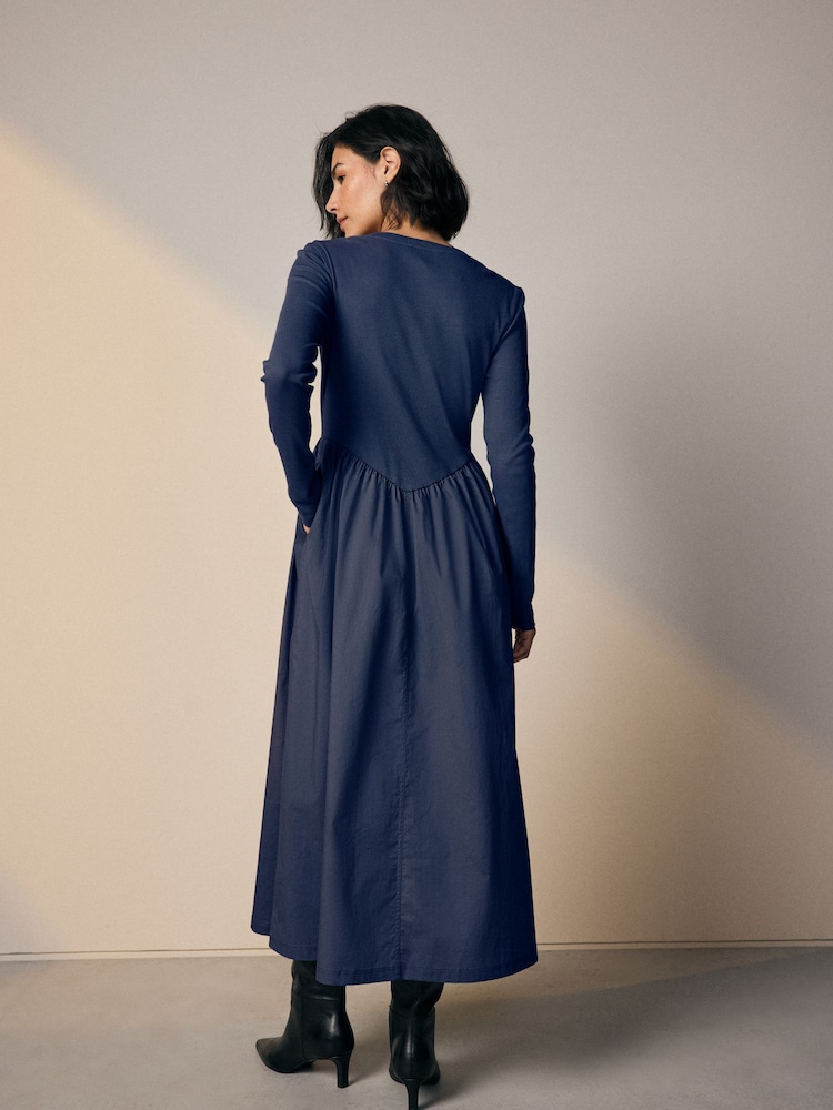 Navy Blue Jersey Woven Mix Waisted Midi Dress - Image 2 of 4 Navy Blue Jersey Woven Mix Waisted Midi Dress - Image 2 of 4