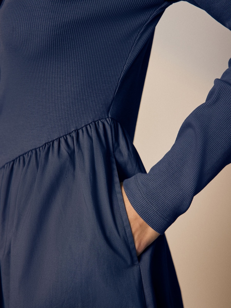 Navy Blue Jersey Woven Mix Waisted Midi Dress - Image 4 of 4 Navy Blue Jersey Woven Mix Waisted Midi Dress - Image 4 of 4