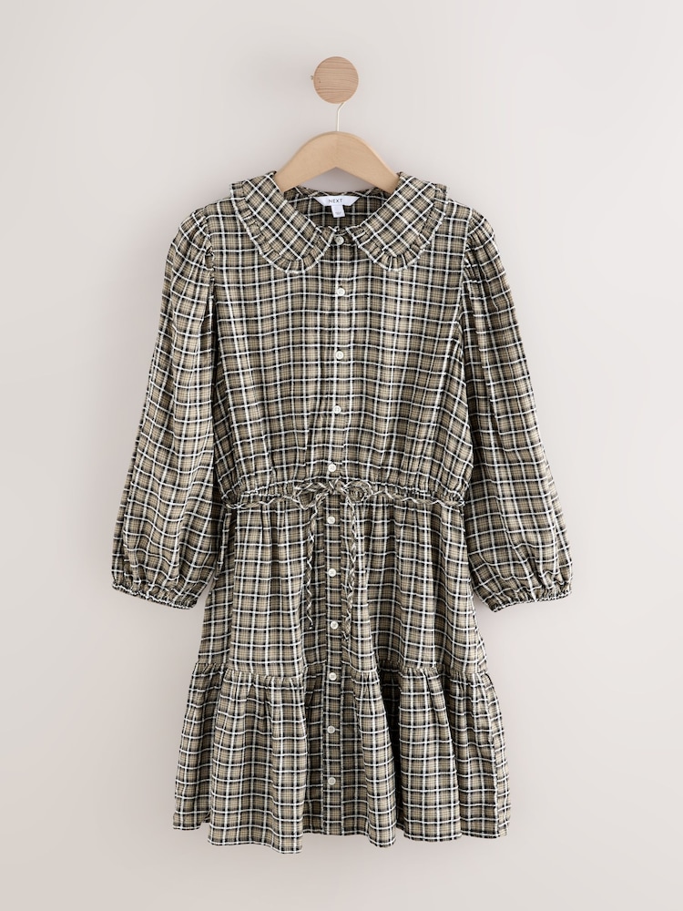 Khaki Green Check Collar Tie Waist Mini Shirt Dress - Image 1 of 3 Khaki Green Check Collar Tie Waist Mini Shirt Dress - Image 1 of 3