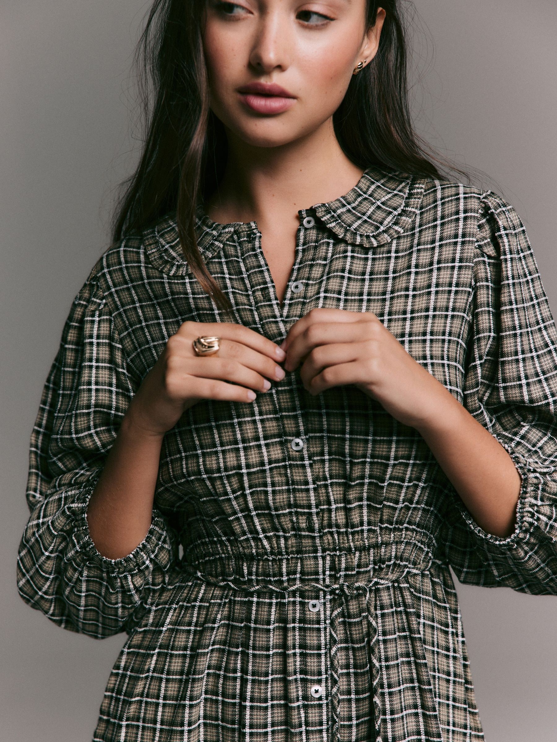 next check shirt dress Buy Khaki Green Check Collar Tie Waist Mini Shirt Dress from Next USA