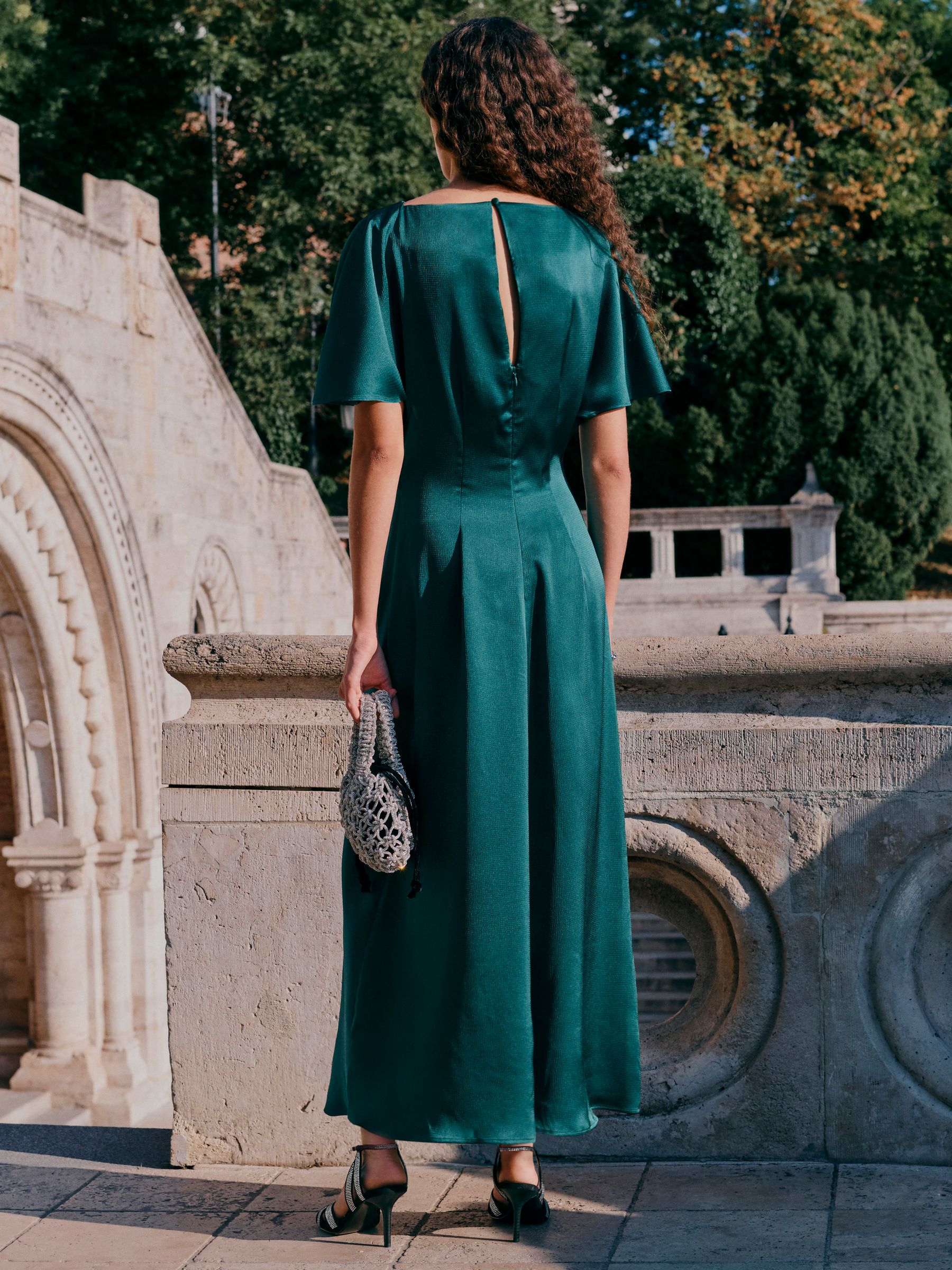 Buy Emerald Green Textured Satin Short Sleeve Twist Front Midi