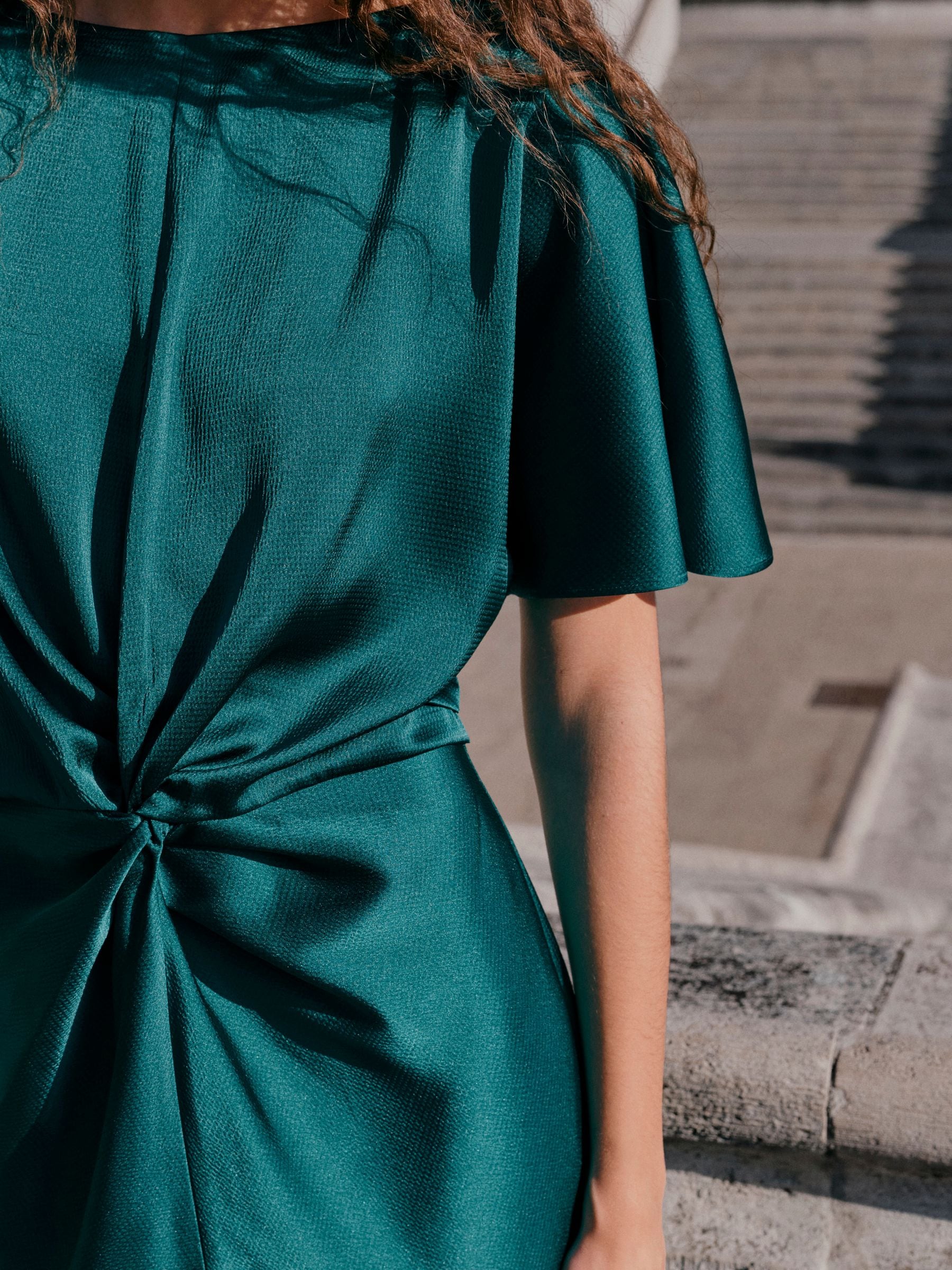 Buy Emerald Green Textured Satin Short Sleeve Twist Front Midi