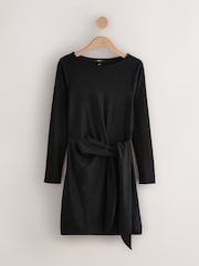Silver/Black Mini Tie Waist Sparkle Long Sleeve Dress - Image 1 of 3