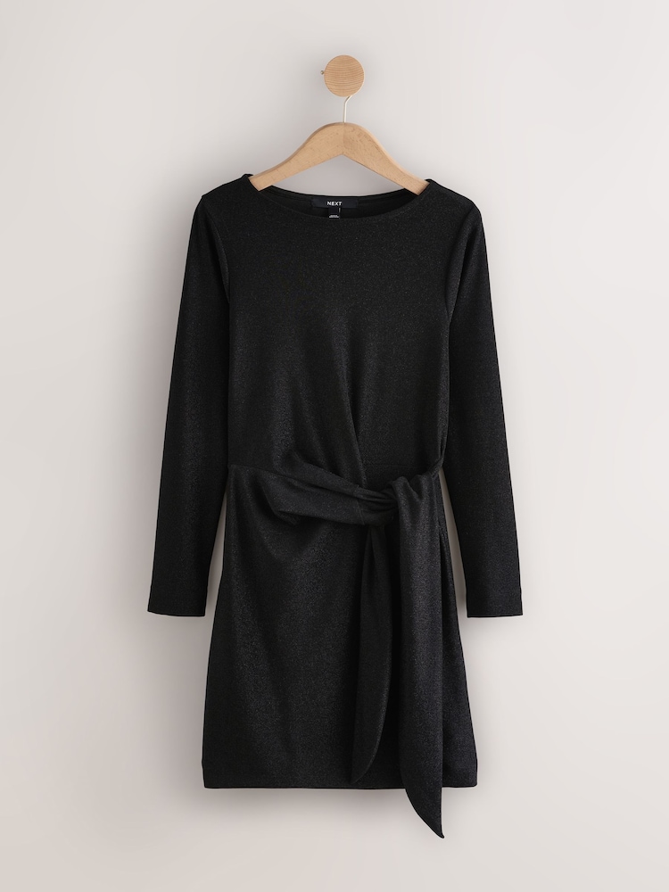 Silver/Black Mini Tie Waist Sparkle Long Sleeve Dress - Image 1 of 3 Silver/Black Mini Tie Waist Sparkle Long Sleeve Dress - Image 1 of 3