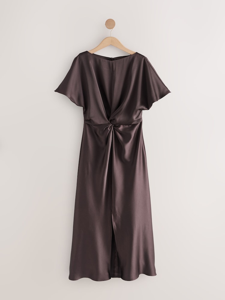 Chocolate Brown Textured Satin Short Sleeve Midi Dress - Image 1 of 3