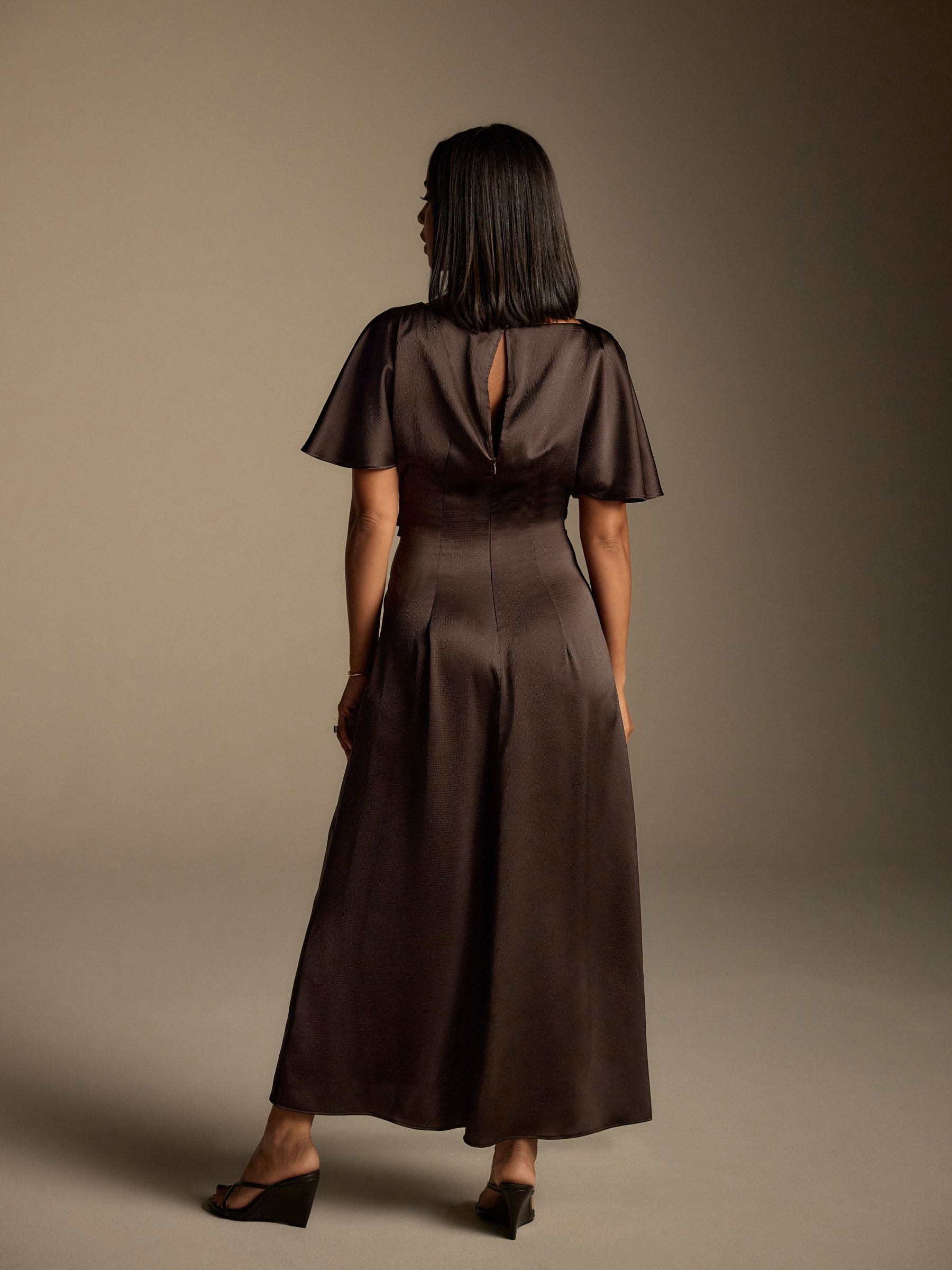 Buy Chocolate Brown Textured Satin Short Sleeve Twist Front Midi