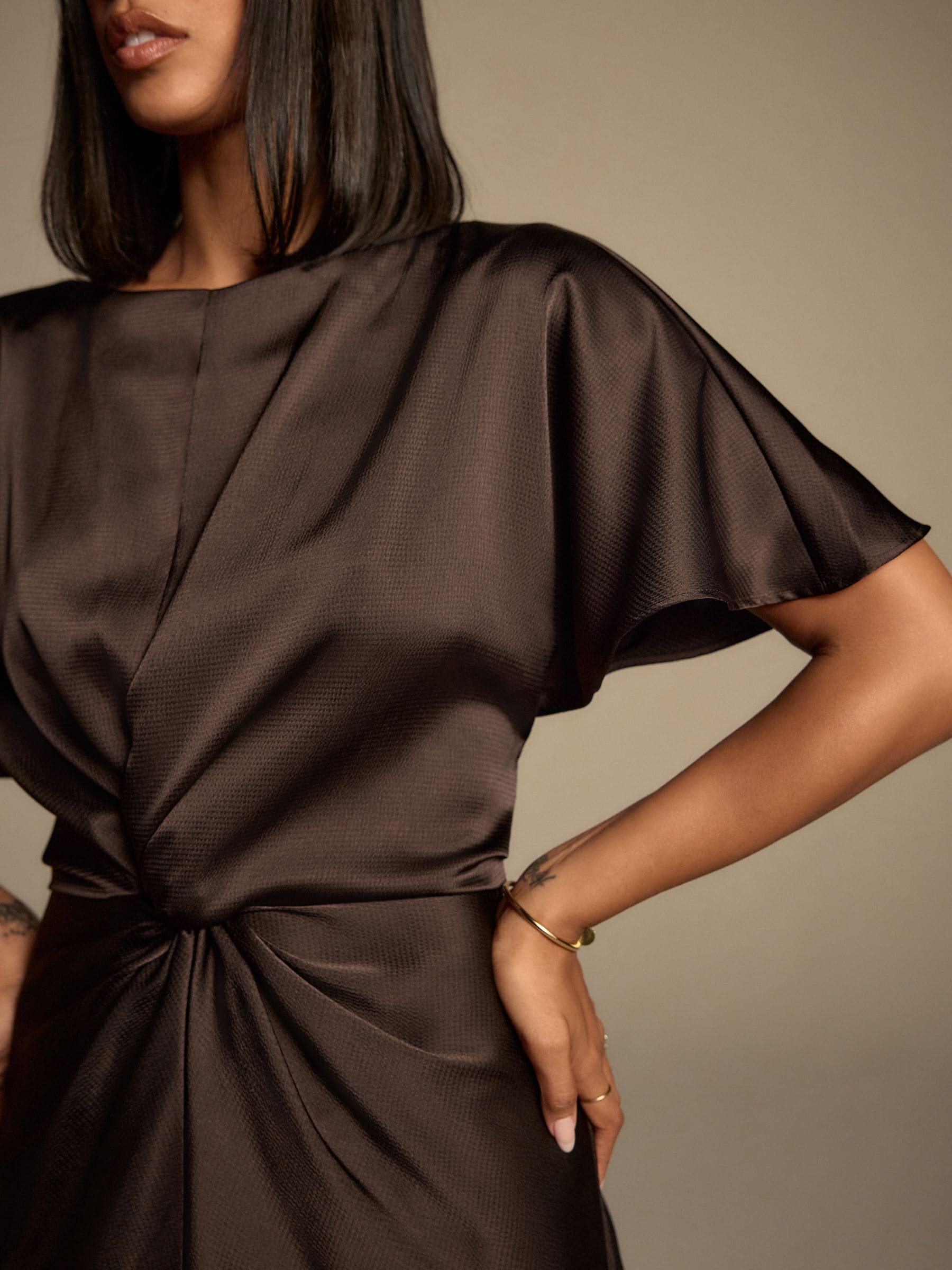 Buy Chocolate Brown Textured Satin Short Sleeve Twist Front Midi