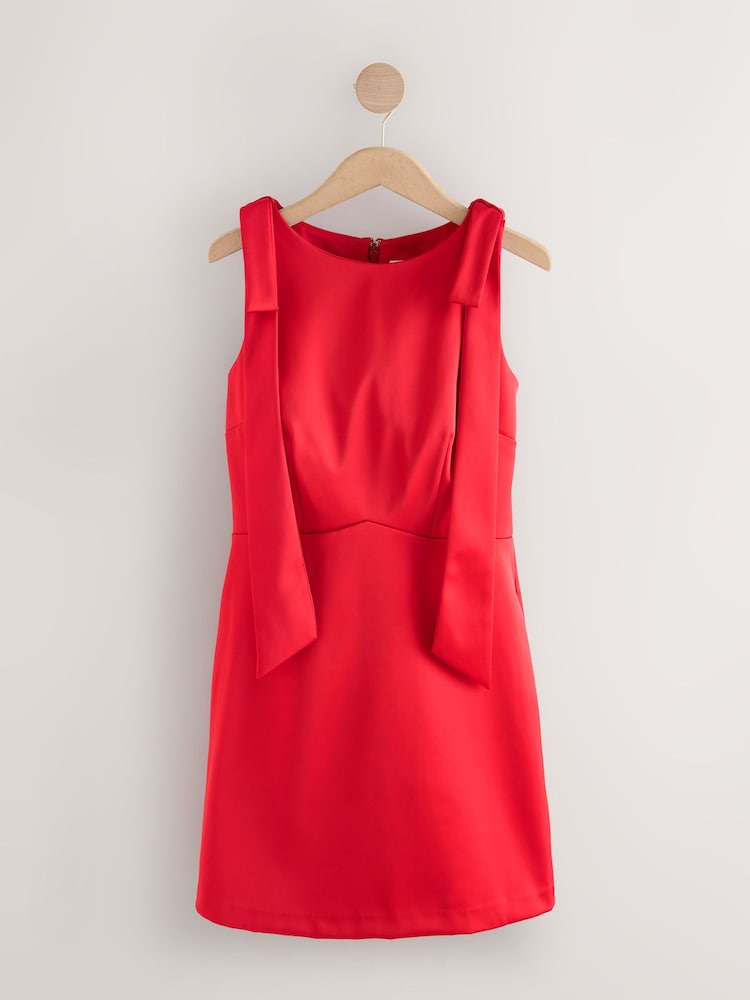 Cherry Red Satin Bow Shoulder Mini Dress - Image 1 of 4 Cherry Red Satin Bow Shoulder Mini Dress - Image 1 of 4