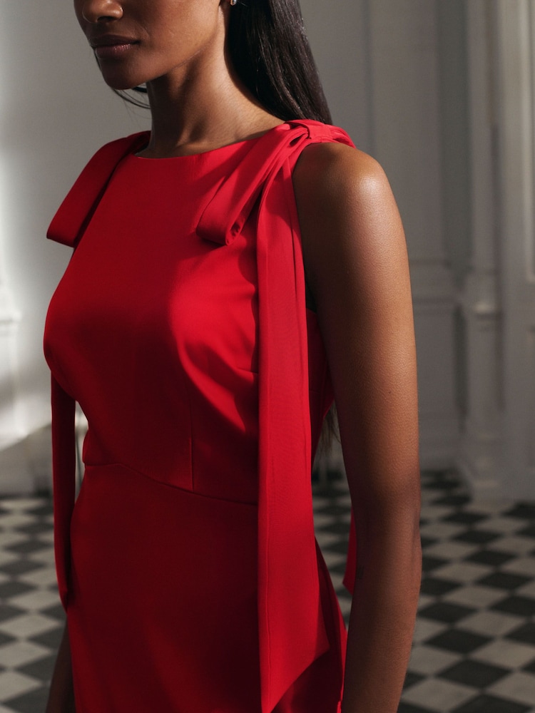 red off the shoulder dress with bow Rodeo MESHKI U.S - Gwyneth Off Shoulder Bow Mini Dress