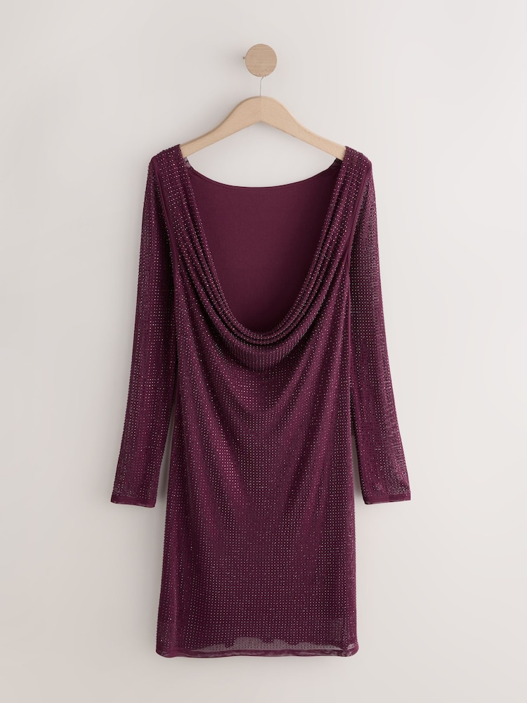 Burgundy Red Hotfix Cowl Back Mini Dress - Image 2 of 4