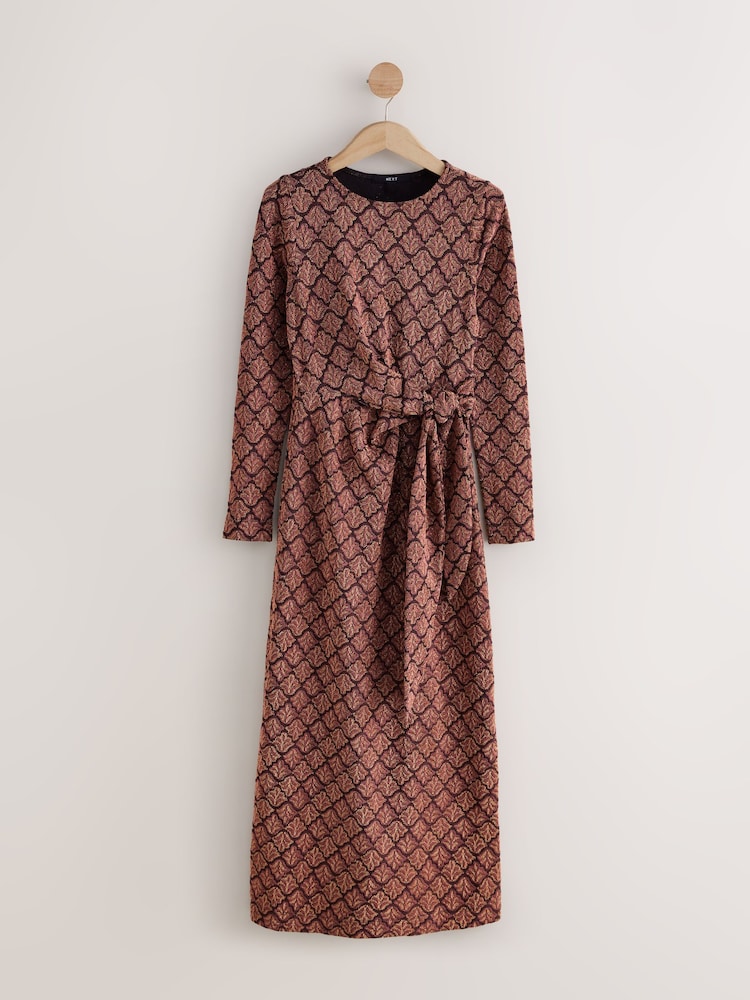 Bronze Tie Waist Sparkle Long Sleeve Midi Dress - Image 1 of 3