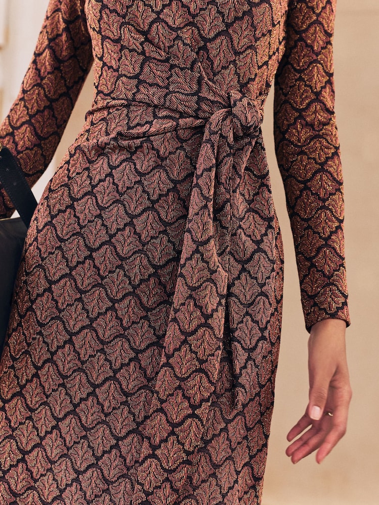 Buy Bronze Tie Waist Sparkle Long Sleeve Midi Dress from Next USA