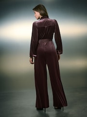 Chocolate Brown Velvet Tie Waist Wide Leg Jumpsuit - Image 3 of 9