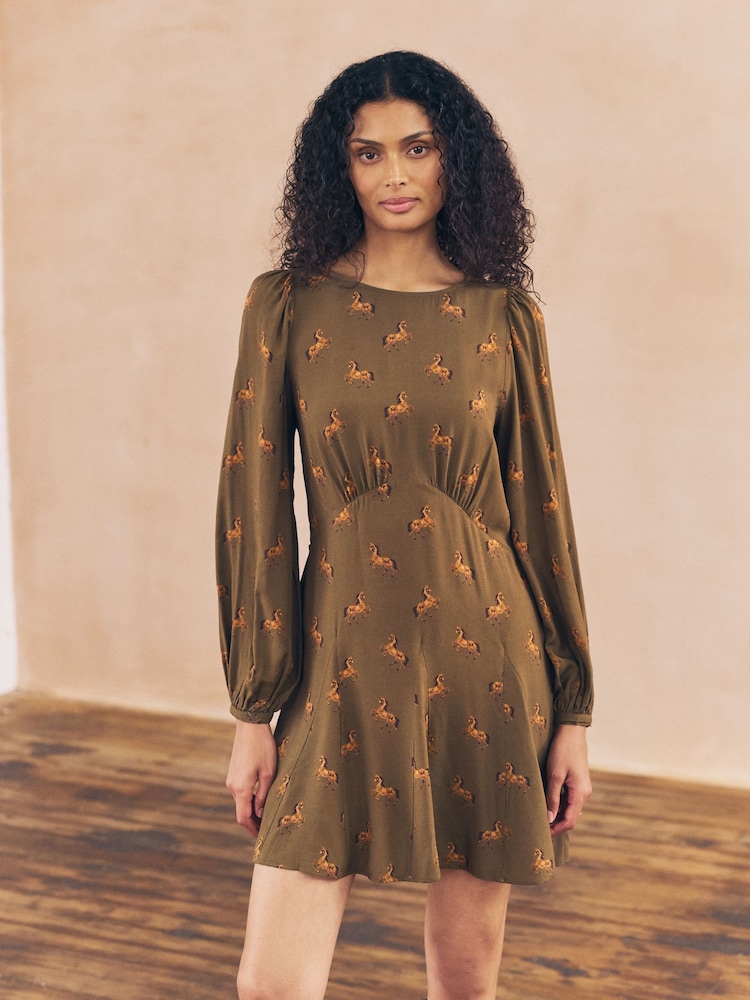 Brown Horse Print Mini Long Sleeve A-Line Seam Detail Dress - Image 1 of 7