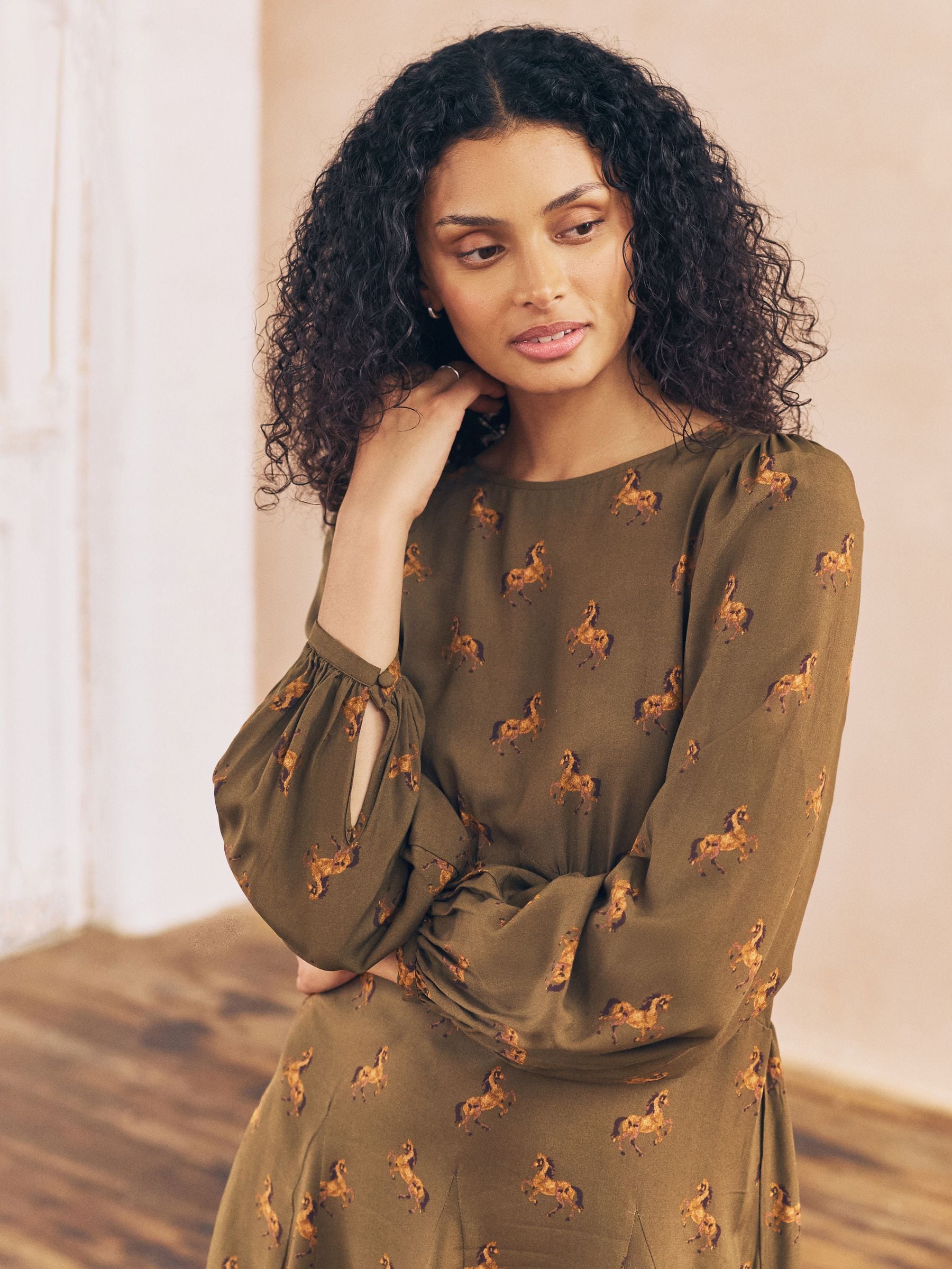 Buy Brown Horse Print Mini Long Sleeve A-Line Seam Detail Dress