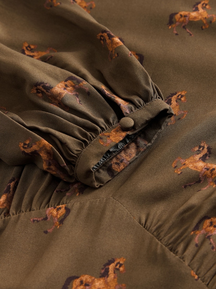 Brown Horse Print Mini Long Sleeve A-Line Seam Detail Dress - Image 7 of 7
