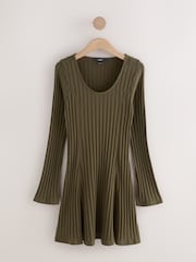 Khaki Green Mini Ribbed Long Sleeve Scoop Neck Dress - Image 1 of 3