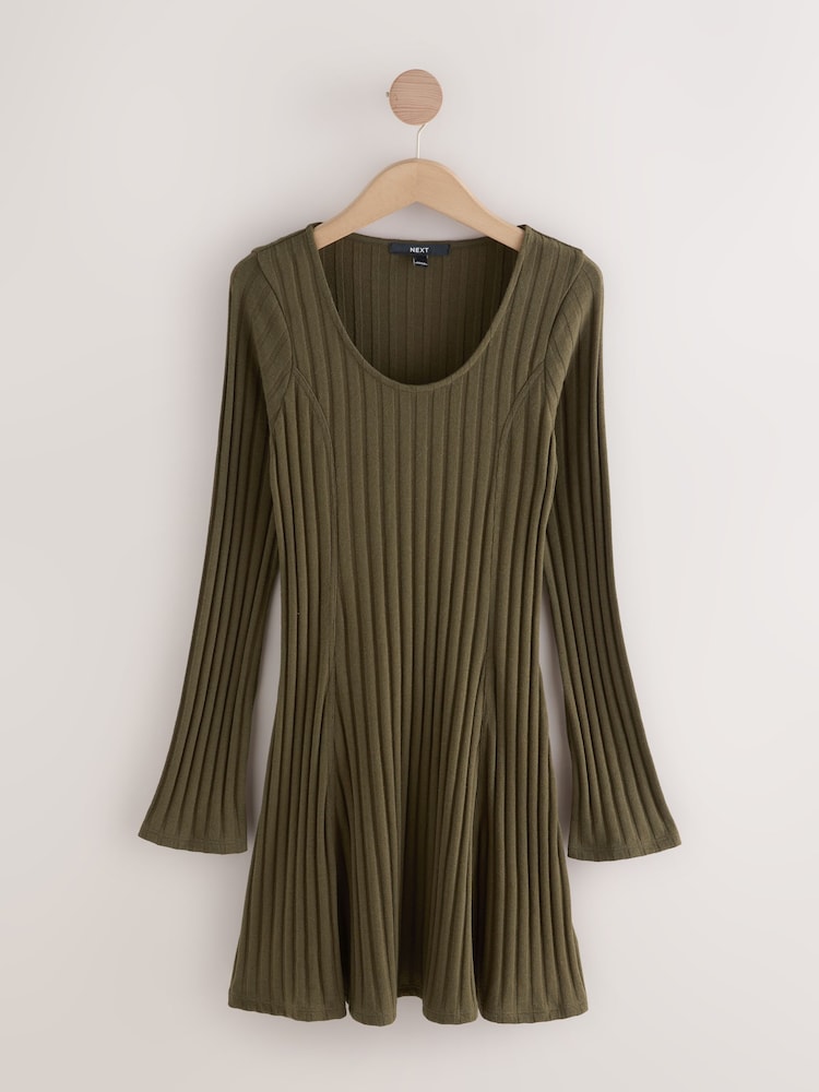 Khaki Green Mini Ribbed Long Sleeve Scoop Neck Dress - Image 1 of 3 Khaki Green Mini Ribbed Long Sleeve Scoop Neck Dress - Image 1 of 3