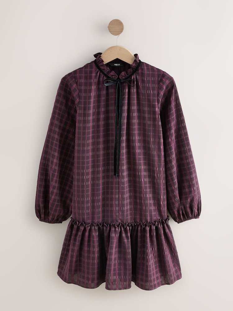 Burgundy Check Mini Tie Front Tiered Long Sleeve Dress - Image 1 of 3 Burgundy Check Mini Tie Front Tiered Long Sleeve Dress - Image 1 of 3