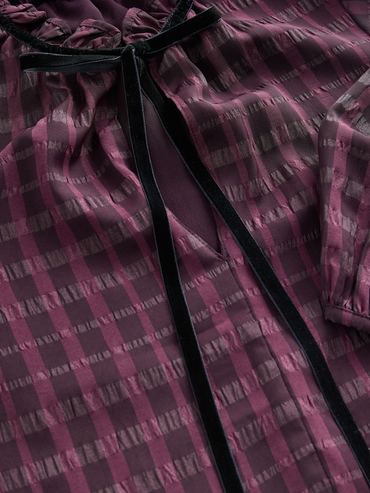 Burgundy Check Mini Tie Front Tiered Long Sleeve Dress - Image 3 of 3 Burgundy Check Mini Tie Front Tiered Long Sleeve Dress - Image 3 of 3