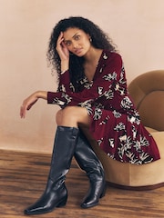 Burgundy Red Floral Print Long Sleeve A-Line Mini Dress - Image 1 of 8