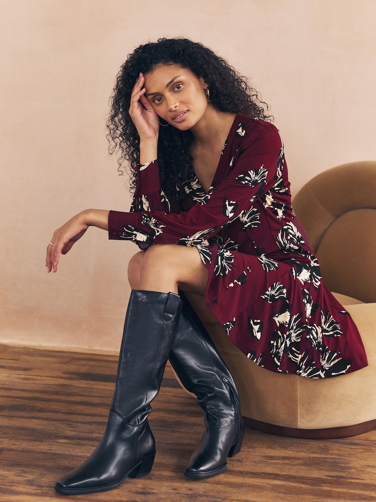 Burgundy Red Floral Print Long Sleeve A-Line Mini Dress - Image 1 of 8