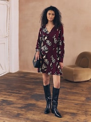Burgundy Red Floral Print Long Sleeve A-Line Mini Dress - Image 2 of 8