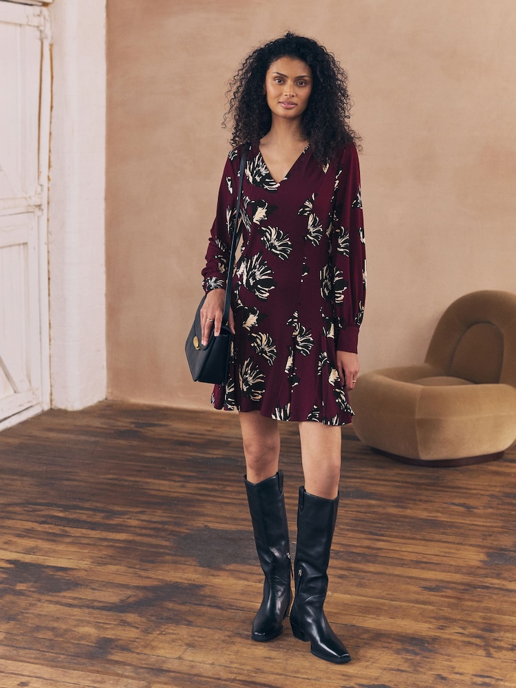 Burgundy Red Floral Print Long Sleeve A-Line Mini Dress - Image 2 of 8