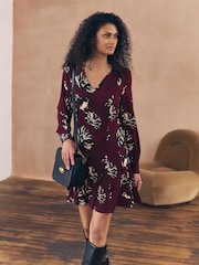 Burgundy Red Floral Print Long Sleeve A-Line Mini Dress - Image 3 of 8