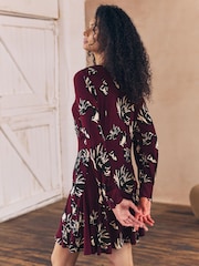 Burgundy Red Floral Print Long Sleeve A-Line Mini Dress - Image 4 of 8