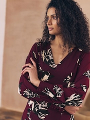 Burgundy Red Floral Print Long Sleeve A-Line Mini Dress - Image 5 of 8