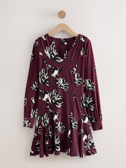 Burgundy Red Floral Print Long Sleeve A-Line Mini Dress - Image 6 of 8