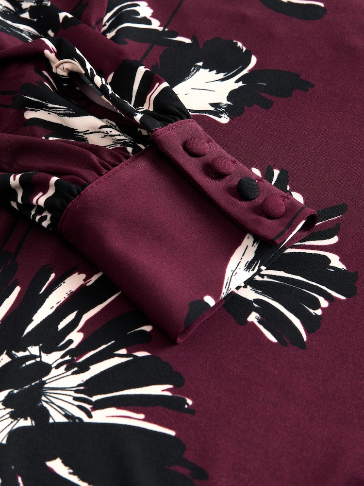 Burgundy Red Floral Print Long Sleeve A-Line Mini Dress - Image 8 of 8