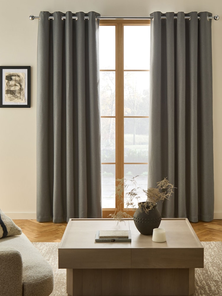 Charcoal Grey Soft Weave Linen Blend Lined Eyelet Curtains - Image 2 of 5 Charcoal Grey Soft Weave Linen Blend Lined Eyelet Curtains - Image 2 of 5