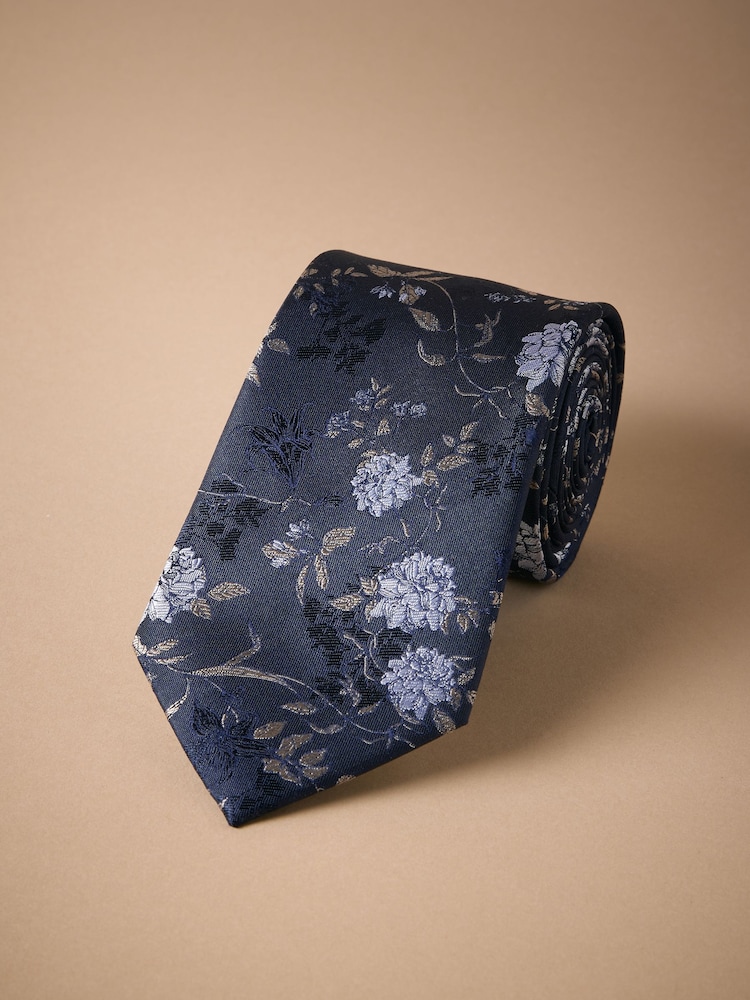 Black Italian Silk Floral Print Design Tie - Image 1 of 3 Black Italian Silk Floral Print Design Tie - Image 1 of 3